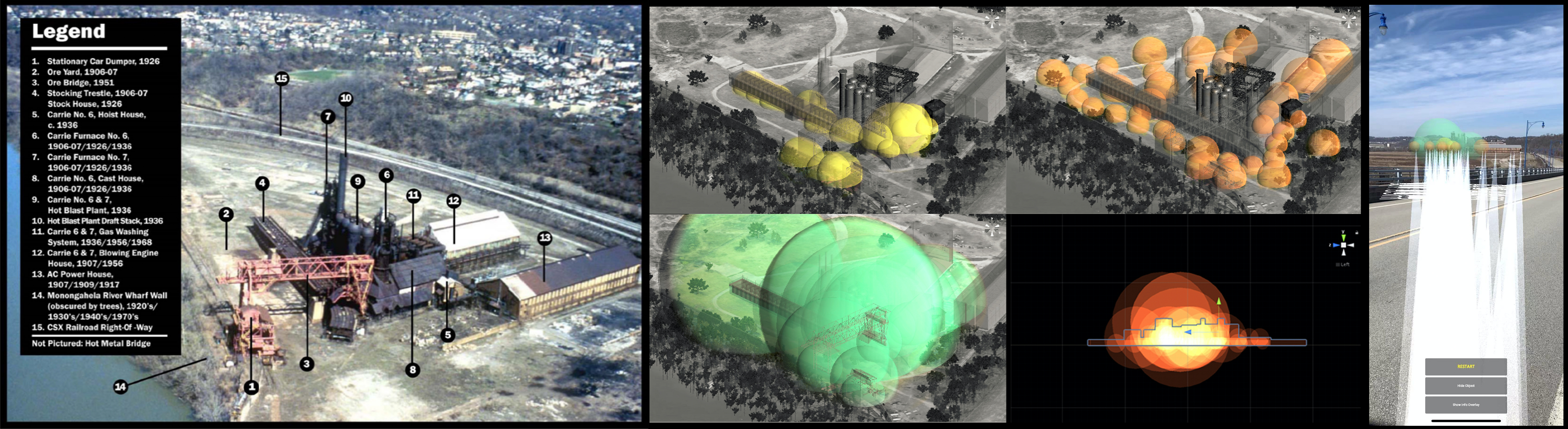 Left: Carrie Furnace Structure Map. Middle: Soundscape Visualization in Unity. Yellow represents individual sound effects for specific structures, orange represents human voice clips, green is looping ambient sound effects. Right: System Interface